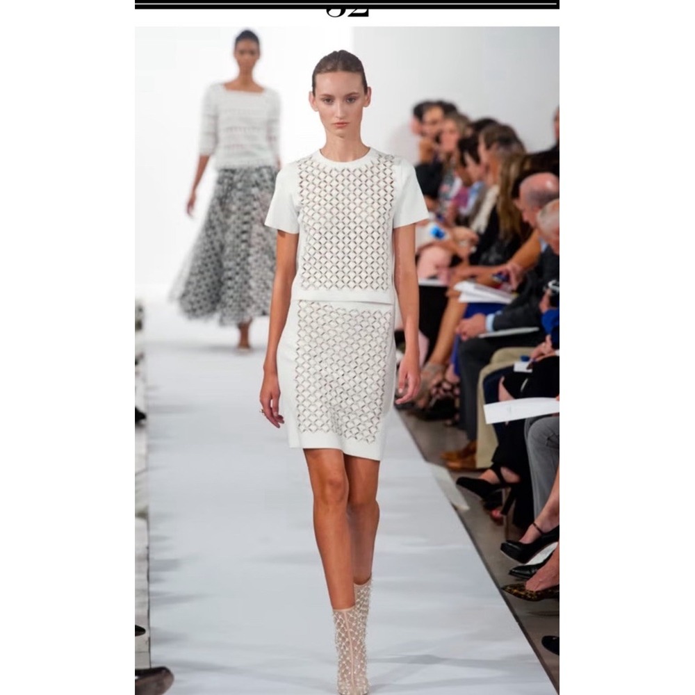 Oscar de la Renta Spring 2014 Runway Pearl Beaded Top Skirt Set Ivory Small